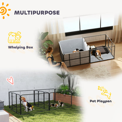 Seven-panel dog whelping box shown as a fabric-lined den and an open metal playpen