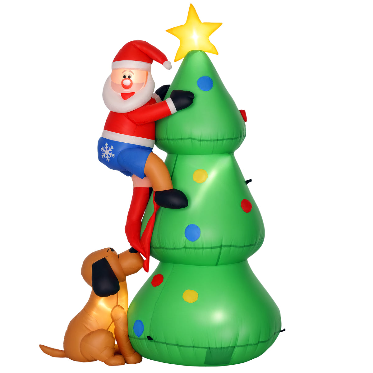 Inflatable Christmas tree with a star topper, Santa, and a brown dog