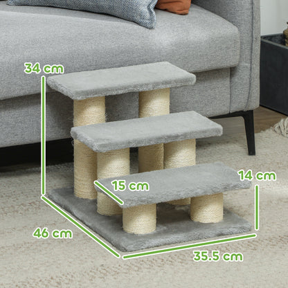 Gray plush three-step pet stairs with sisal-wrapped posts and dimension markings.