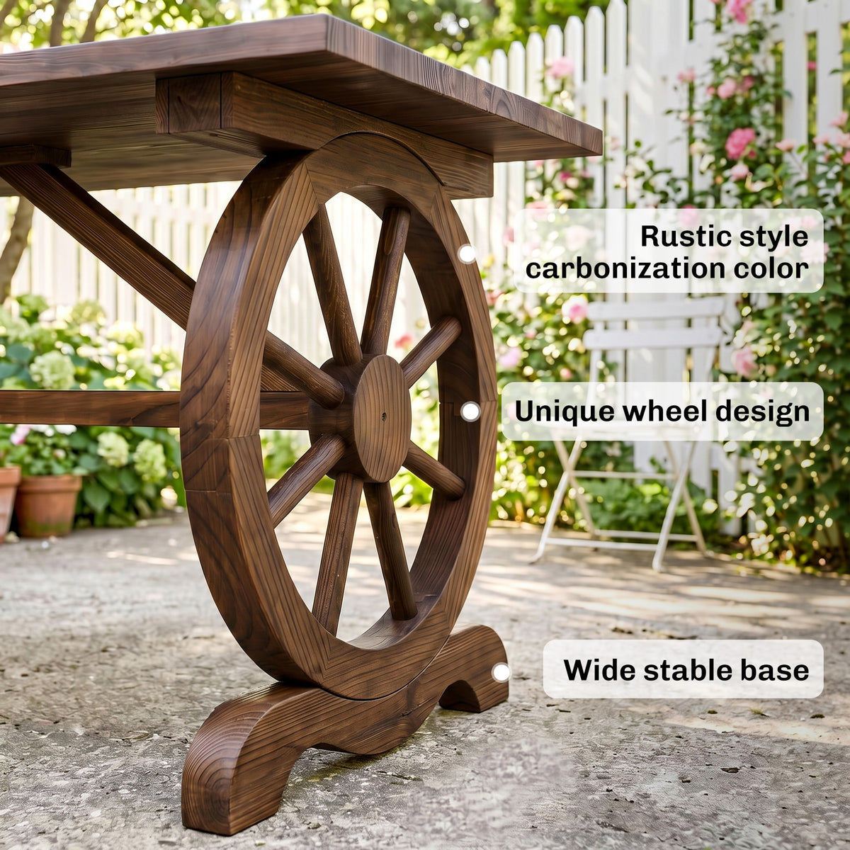 Outsunny wooden dining table with wagon wheel legs and a carbonised finish