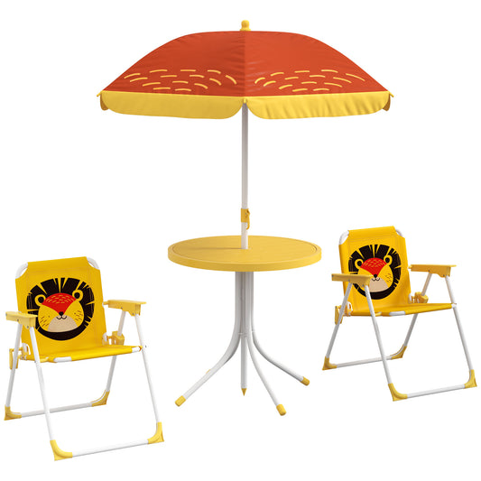 Photo of Outsunny Kids Picnic Table and Chair Set, Lion Themed Outdoor Garden Furniture w/ Foldable Chairs, Adjustable Parasol - Yellow in Yellow colour on a white background