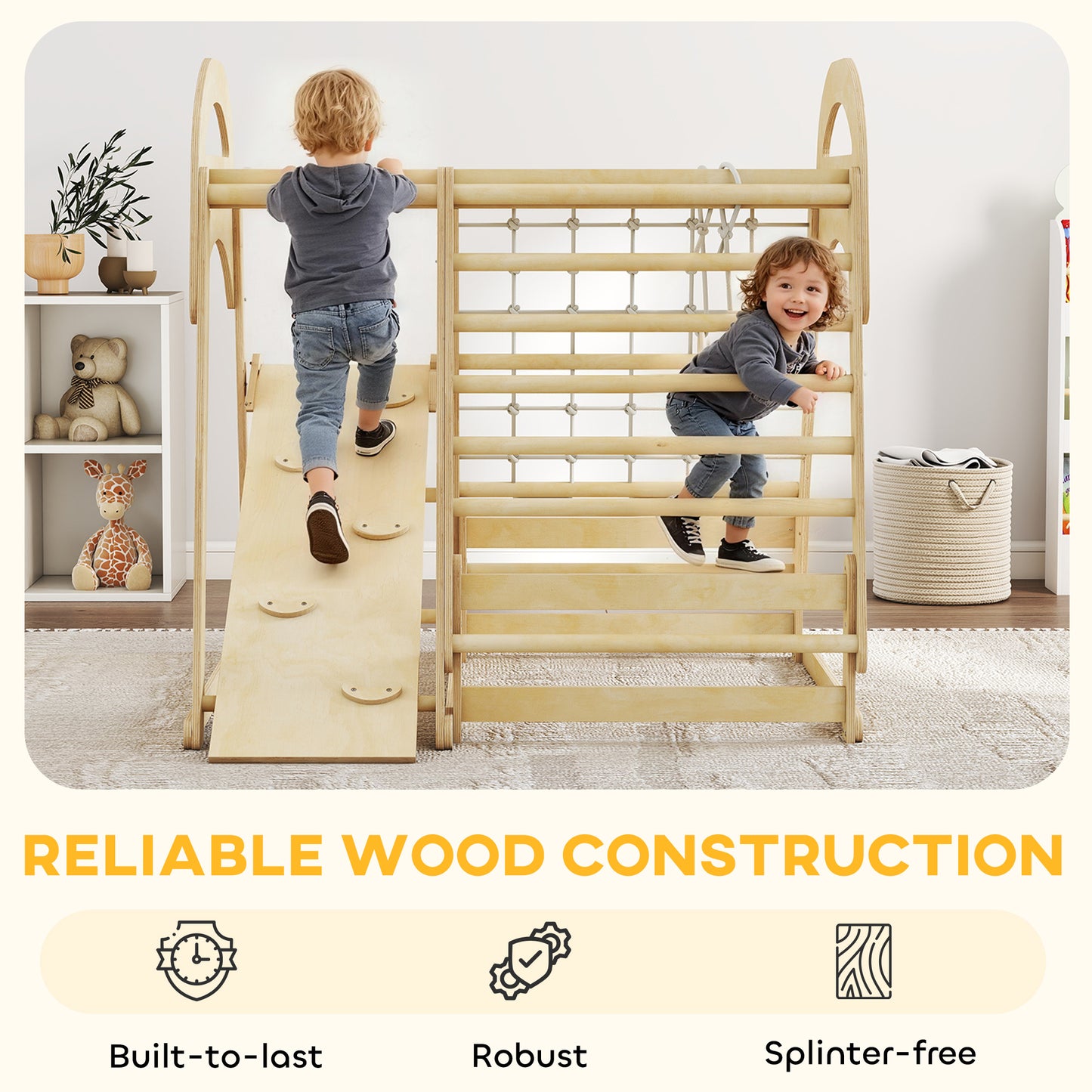 AIYAPLAY 6 in 1 Kids Climbing Frame with Slide, Monkey Bars, Gymnastics Rings, Ladder, Climbing Net, for 3-6 Years, Natural Tone