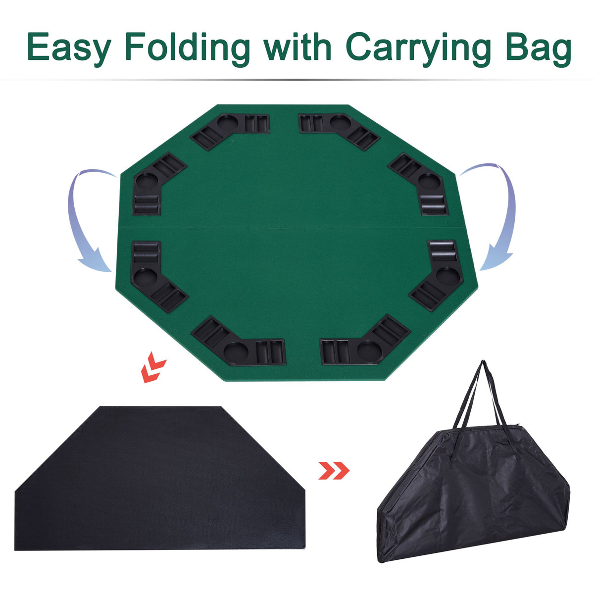 Foldable octagonal poker table topper shown with its carrying bag