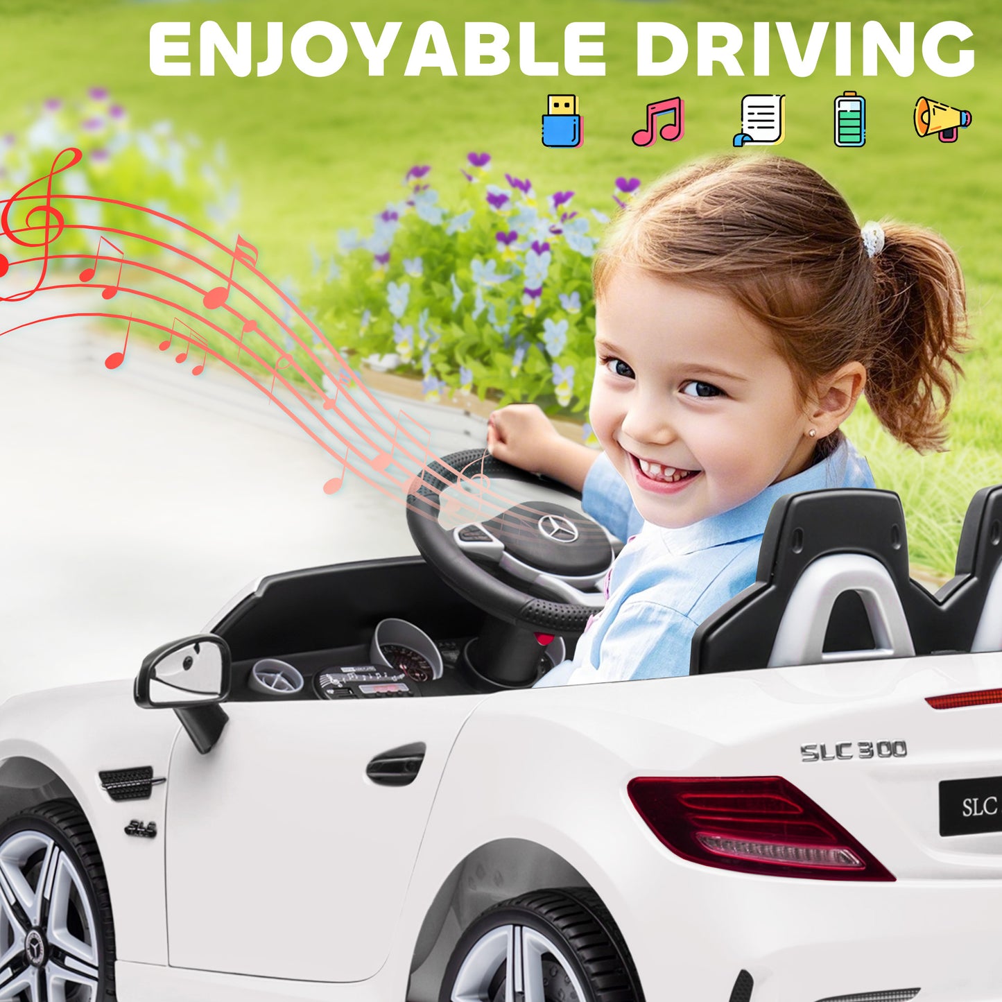 HOMCOM Benz SLC 300  Licensed 12V Kids Electric Ride On, with Music, Remote Control, LED Headlights, Horn, White