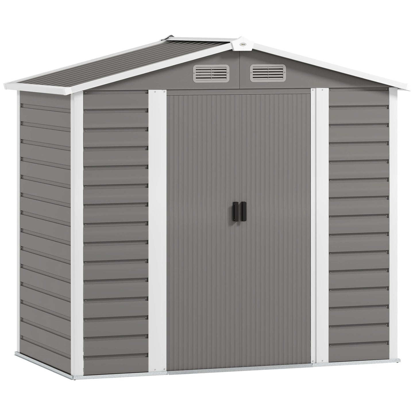 Photo of Outsunny 7 x 4ft Garden Shed, Easy to Assemble, Upgraded Galvanised Steel Frame with Foundation Kit, Double Doors with Lock, Outdoor Metal Shed with Vents and Gloves, Garden Storage Shed, Light Grey in Grey colour on a white background
