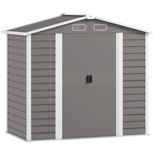 Photo of Outsunny 7 x 4ft Garden Shed, Easy to Assemble, Upgraded Galvanised Steel Frame with Foundation Kit, Double Doors with Lock, Outdoor Metal Shed with Vents and Gloves, Garden Storage Shed, Light Grey in Grey colour on a white background