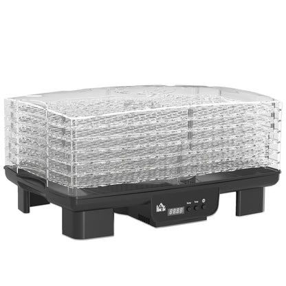 HOMCOM black food dehydrator with six clear trays and digital control panel