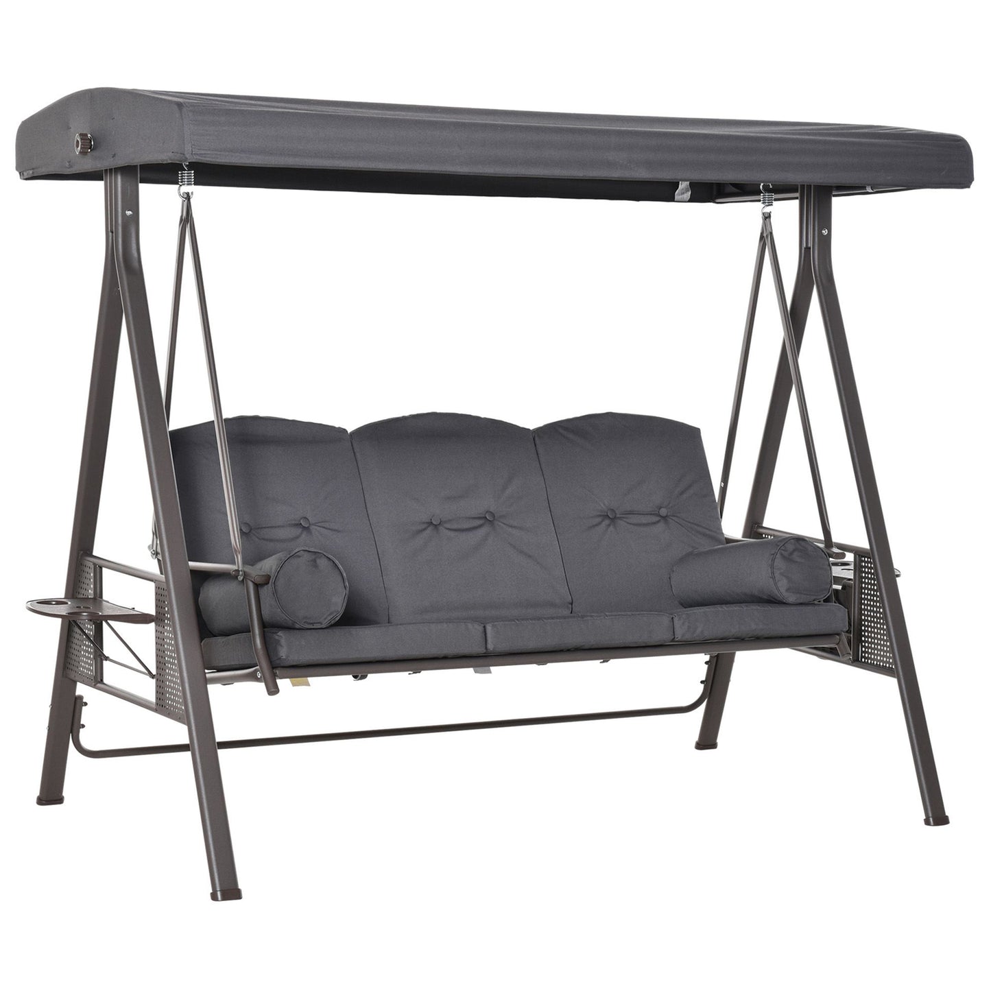 Photo of Outsunny 3 Seater Garden Swing Chair Outdoor Hammock Bench w/ Adjustable Canopy, Cushions and Cup Trays, Brown Steel Frame, Dark Grey Fabric in Fabric colour on a white background