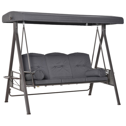 Photo of Outsunny 3 Seater Garden Swing Chair Outdoor Hammock Bench w/ Adjustable Canopy, Cushions and Cup Trays, Brown Steel Frame, Dark Grey Fabric in Fabric colour on a white background