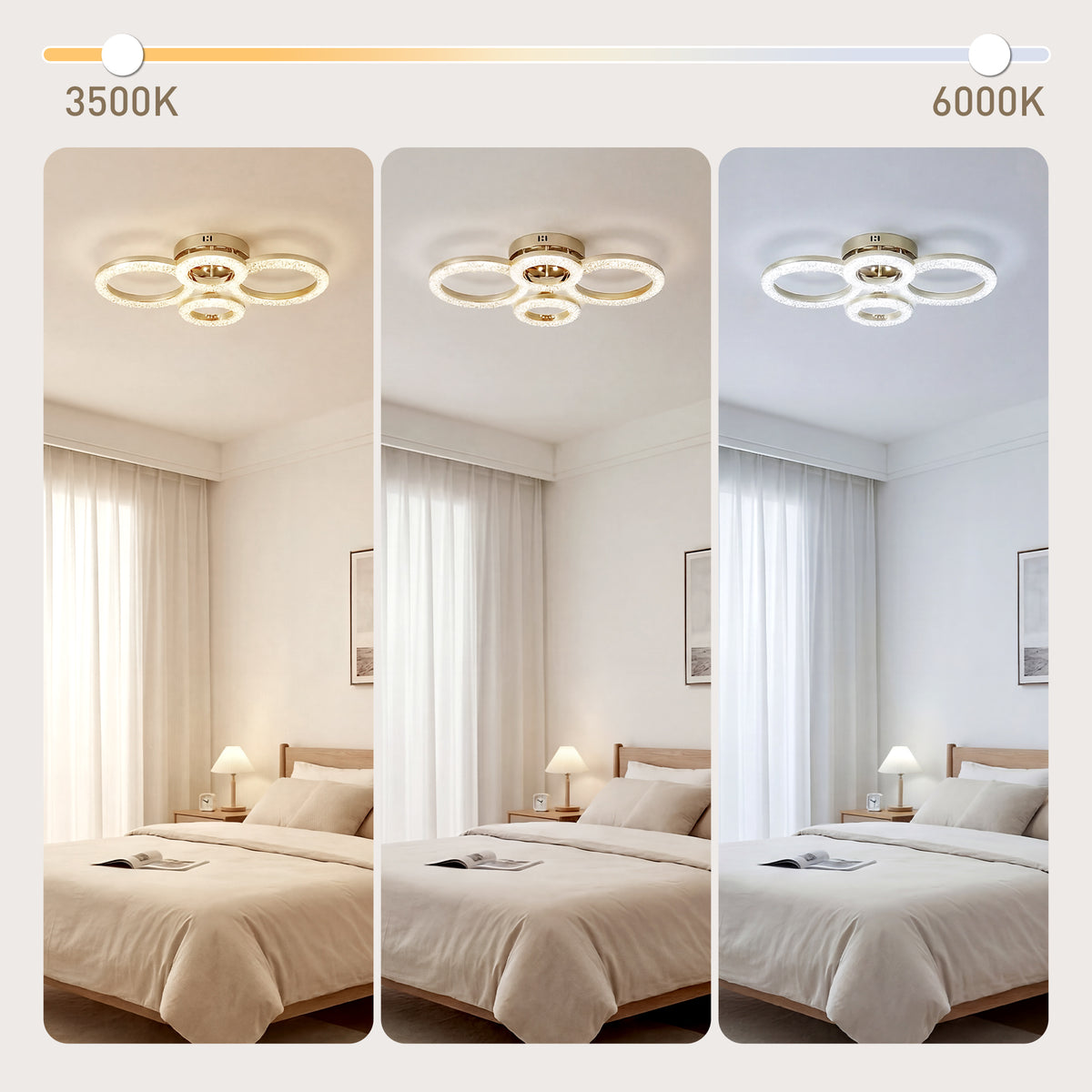 HOMCOM 4-Ring LED Ceiling Light, Flush Mount Ceiling Light with 3 Colour Temperatures, Gold Tone