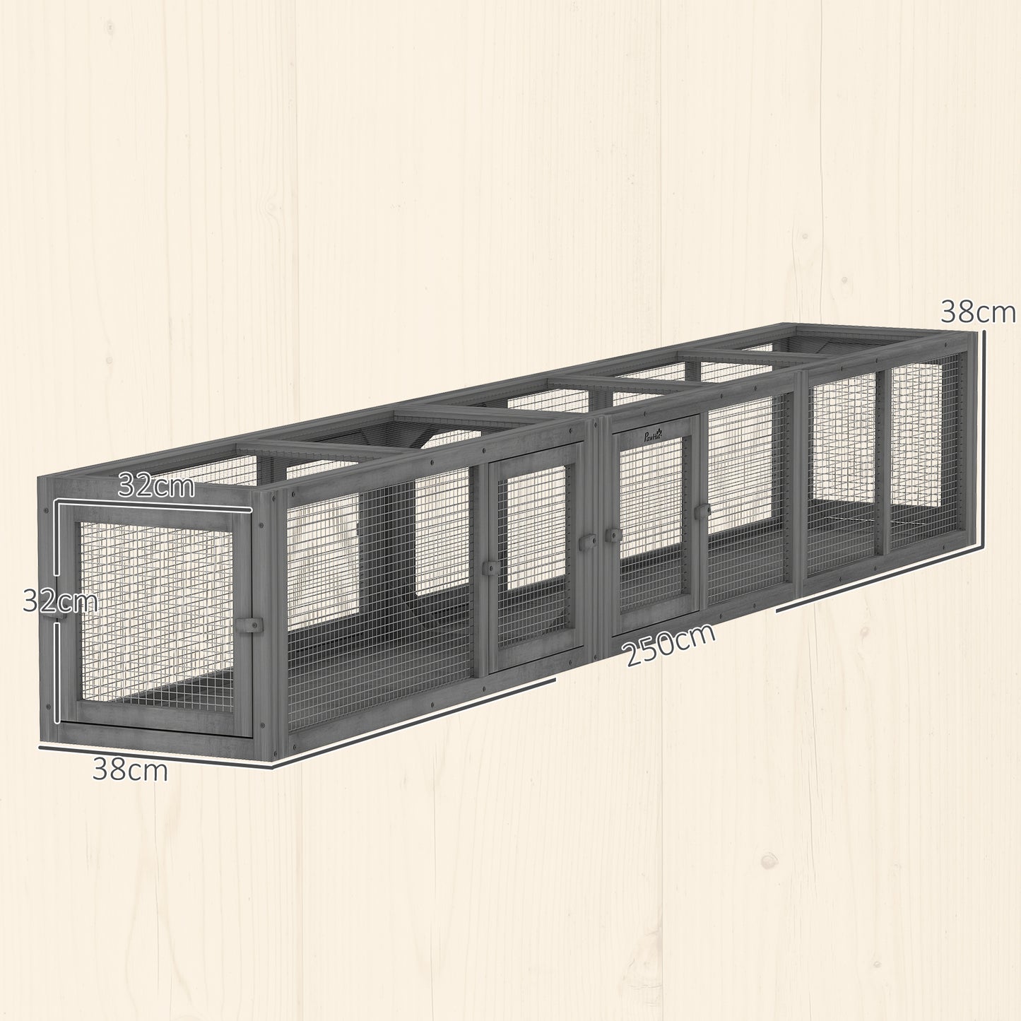 PawHut Cat Tunnel, 250cm Extra Long Wooden Cat Play Tunnel with 8 Doors, L-shape/Rectangle, Outdoor Cat Enclosure, Dark Grey
