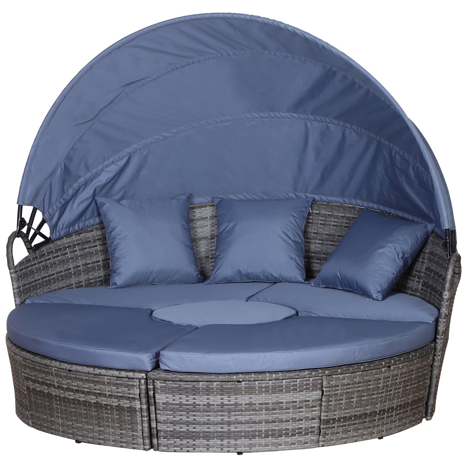 Photo of Outsunny Outdoor PE Rattan Garden Furniture with Cushioned, Patio Wicker Conversation Furniture Set, Round Daybed with Retractable Canopy, Coffee Table and Three Pillows, Grey/Blue Grey in Grey colour on a white background