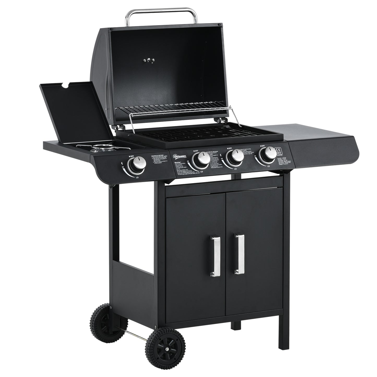 Photo of Outsunny 3+1 Burner Gas BBQ Grill, Outdoor Barbecue Trolley with Wheels, Warming Rack, Side Shelves, Cabinet, Thermometer for Garden, Party, Camping, 110L x 50W x 100Hcm, Black in Black colour on a white background