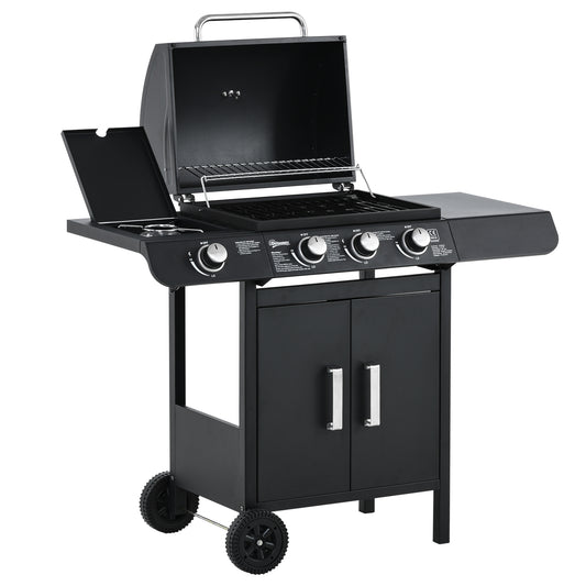Photo of Outsunny 3+1 Burner Gas BBQ Grill, Outdoor Barbecue Trolley with Wheels, Warming Rack, Side Shelves, Cabinet, Thermometer for Garden, Party, Camping, 110W x 50D x 100Hcm, Black in Black colour on a white background