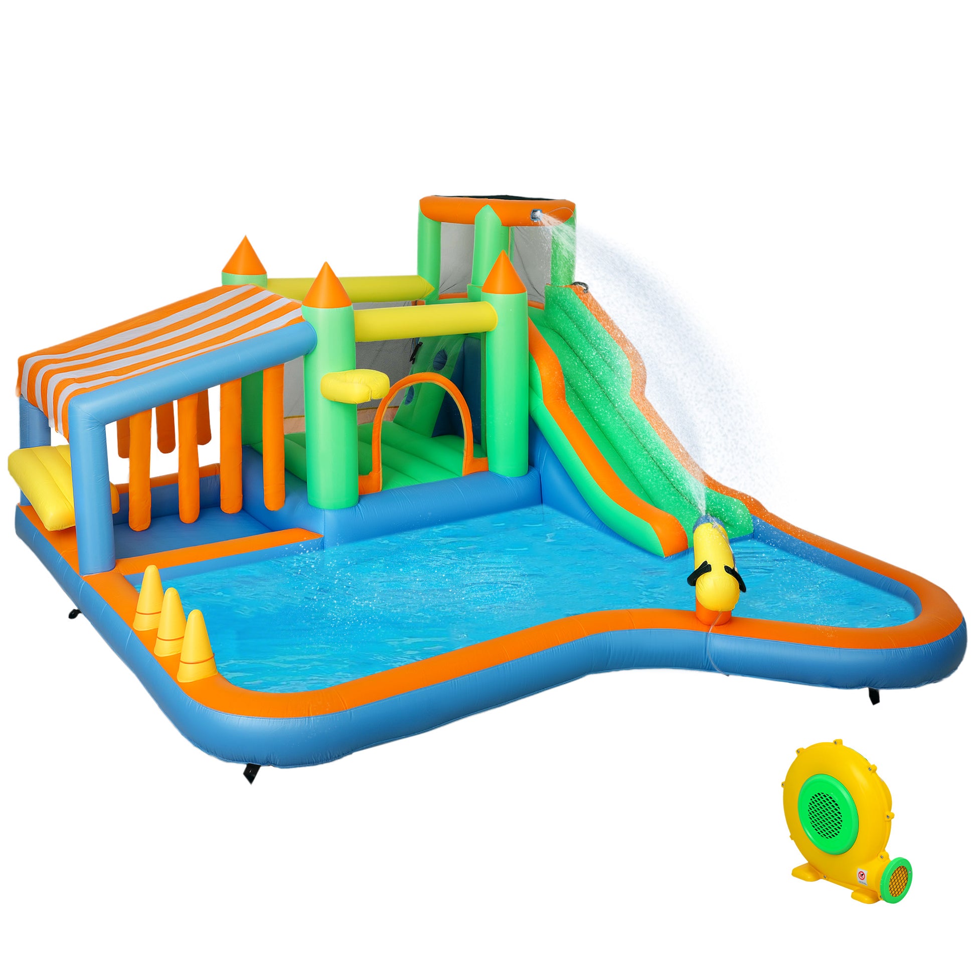 Photo of AIYAPLAY 8 in 1 Inflatable Bounce House with 550W Blower, Slide, 2 Pools, Basketball Hoop, Climbing Wall, Water Gun, Ring Toss in Toss colour on a white background