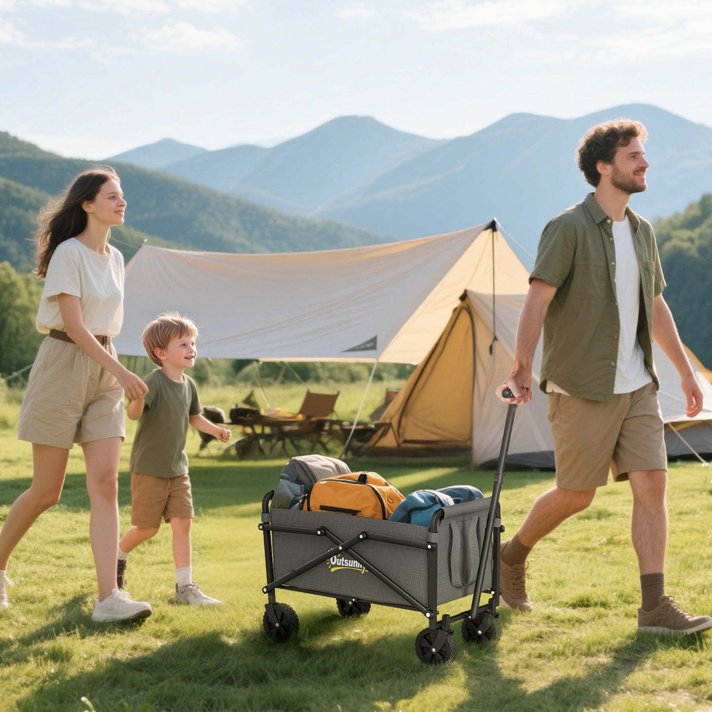 Outsunny 62L Festival Trolley on Wheels, Portable Small Folding Trolley Cart, 60kg Heavy Duty Collapsible Foldable Wagon with Adjustable Handle and Carrying Bag for Beach, Camping, Garden, Grey
