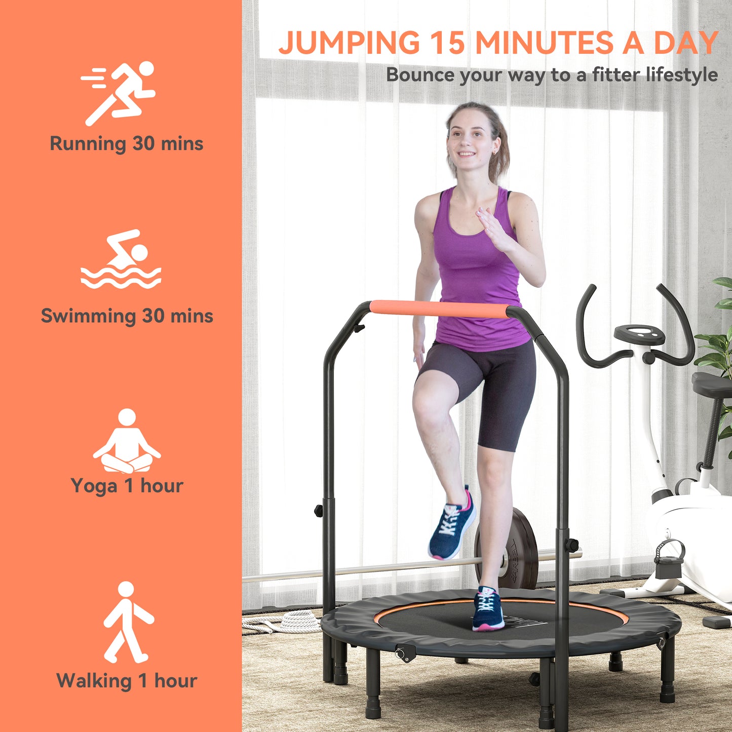 HOMCOM 45" Foldable Mini Fitness Trampoline, with Adjustable Foam Handle, Orange