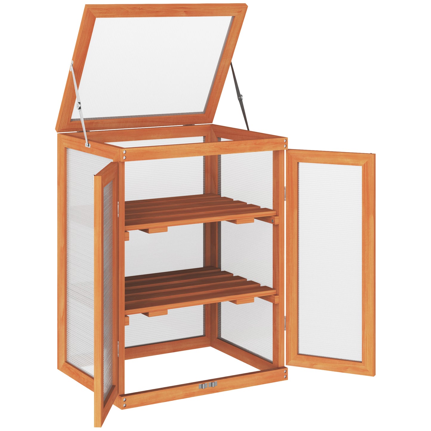 Photo of Outsunny 3-tier Wood Greenhouse Garden Polycarbonate Cold Frame Balcony Grow House w/ Storage Shelf for Plants, Flowers, Orange in Orange colour on a white background