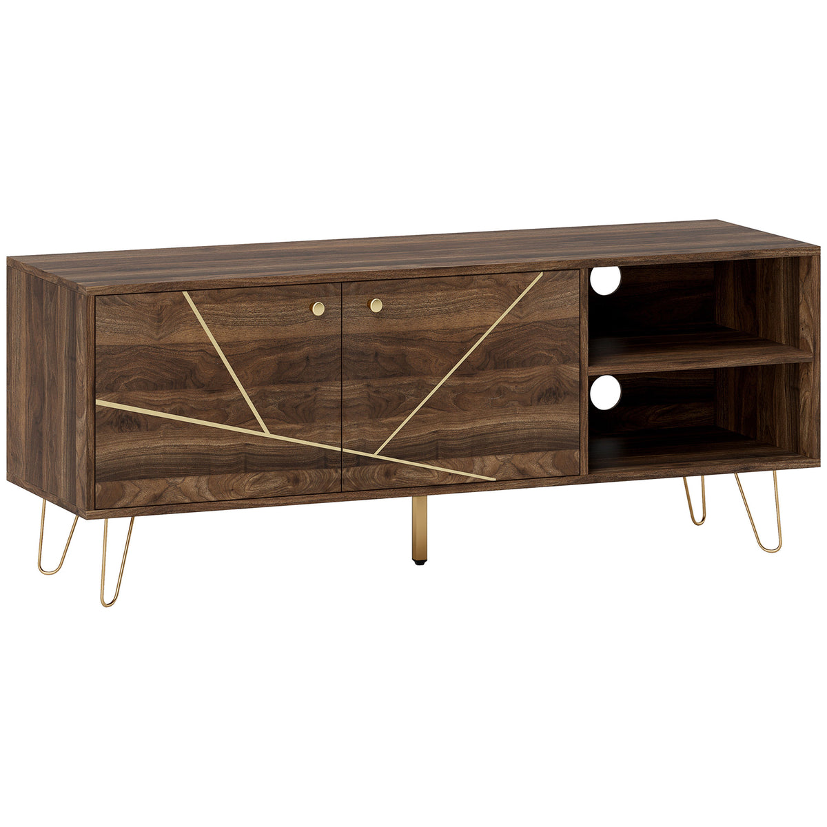 Brown wood TV stand with gold-tone geometric door lines, two open shelves and slim metal legs
