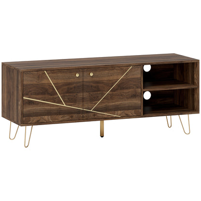 Brown wood TV stand with gold-tone geometric door lines, two open shelves and slim metal legs