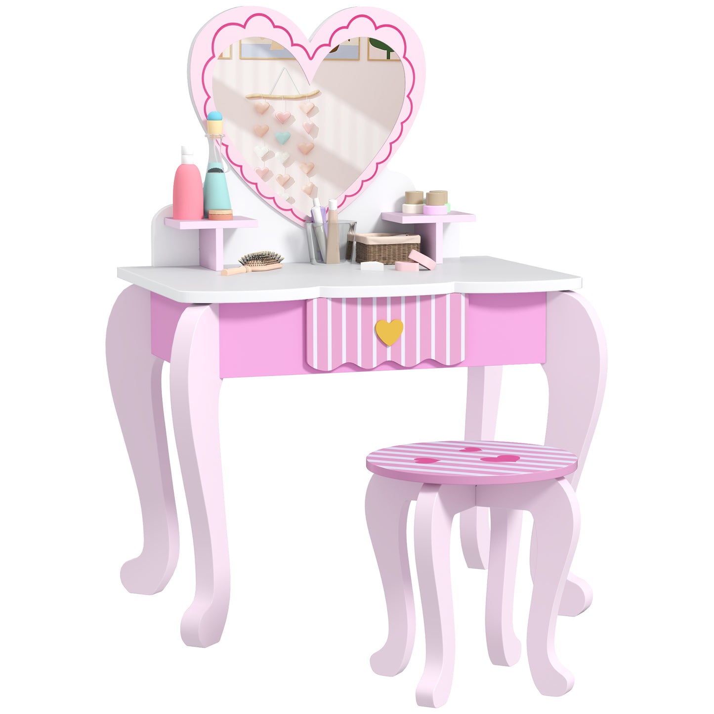 Photo of AIYAPLAY Kids Dressing Table Set, Vanity Table with Stool, Mirror, Drawer, Desktop Storage, Heart Theme, Pink in Pink colour on a white background