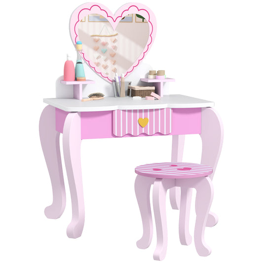Photo of AIYAPLAY Kids Dressing Table Set, Vanity Table with Stool, Mirror, Drawer, Desktop Storage, Heart Theme, Pink in Pink colour on a white background