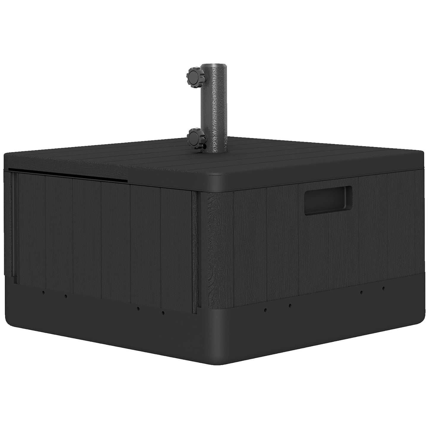 Photo of Outsunny Garden Parasol Base Outdoor Umbrella Stand with Wheels Handles, Garden Umbrella Base, Filled Up to 80kg with Stand or 50kg with Water for 38, 48 mm Poles, Black in Black colour on a white background