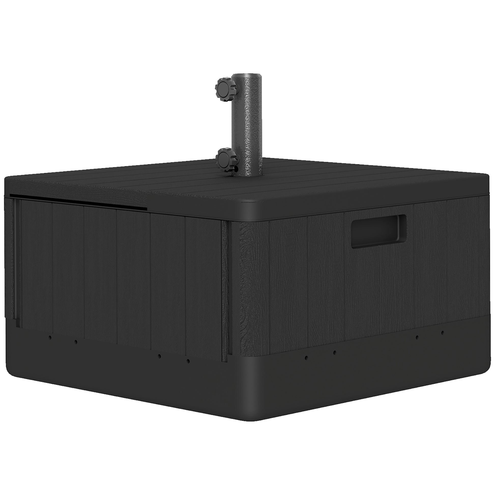 Photo of Outsunny Garden Parasol Base Outdoor Umbrella Stand with Wheels Handles, Garden Umbrella Base, Filled Up to 80kg with Stand or 50kg with Water for 38, 48 mm Poles, Black in Black colour on a white background