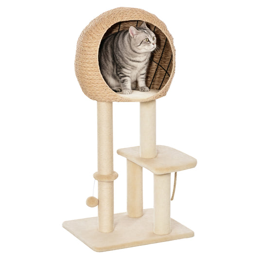 Photo of PawHut Cat Tree for Indoor Cats 100cm Kitten Climbing Tower Activity Center with Sisal Scratching Post Condo Perch Hanging Balls Teasing Rope Toy Cushion in Cushion colour on a white background