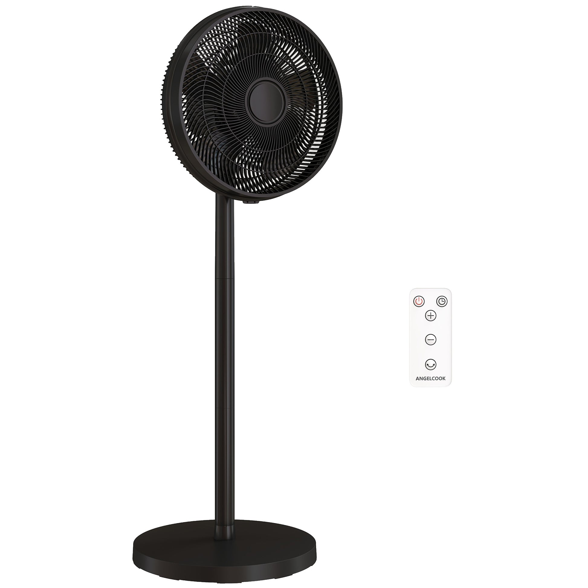Photo of HOMCOM 40 cm Standing Fan, Cooling Floor Fan with 80° Oscillating, Adjustable Tilt and Height, 4 Speed, Remote Control, Black in Black colour on a white background