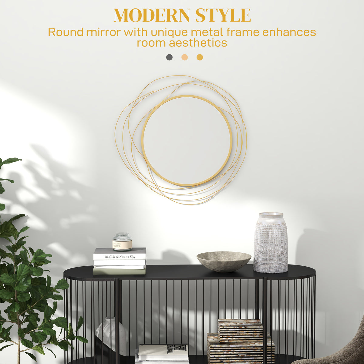 HOMCOM Metal Wall Art 65cm Modern Decorative Mirror Decor for Living Room Bedroom Dining Room, Gold Tone
