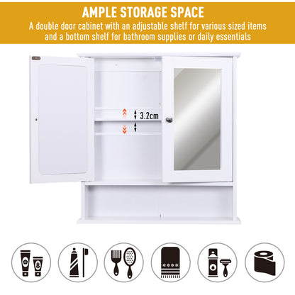 White wall-mounted bathroom cabinet with two doors, one mirrored, adjustable shelf and open lower shelf