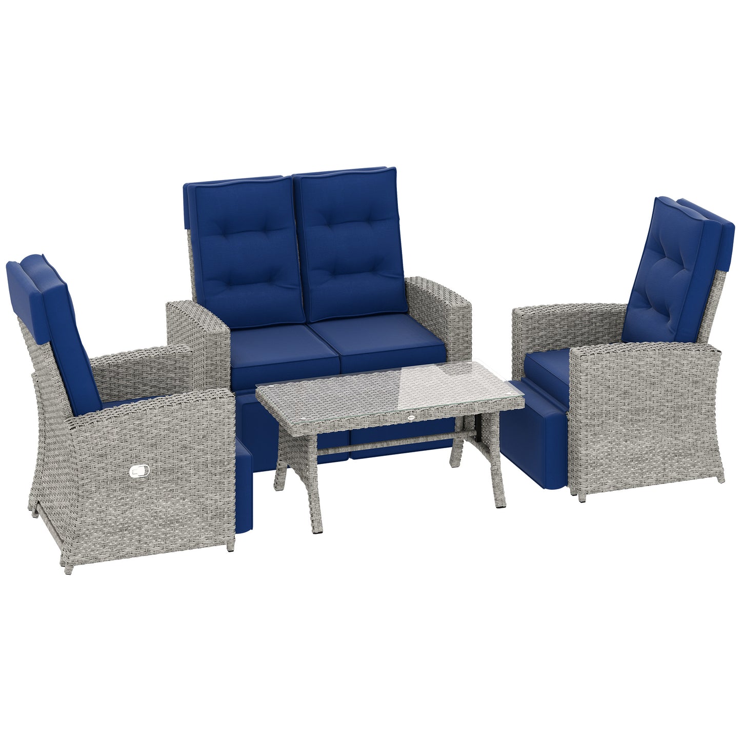 Photo of Outsunny 4 Piece Rattan Garden Furniture Set Outdoor Sofa Sectional Set with Glass Top Table for Poolside, Navy Blue in Blue colour on a white background