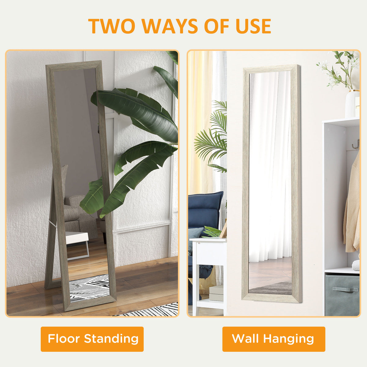HOMCOM Full Length Mirror, 37 x 157 cm, Hanging or Freestanding, Rectangular Full Body Mirror for Living Room, Bedroom, Grey