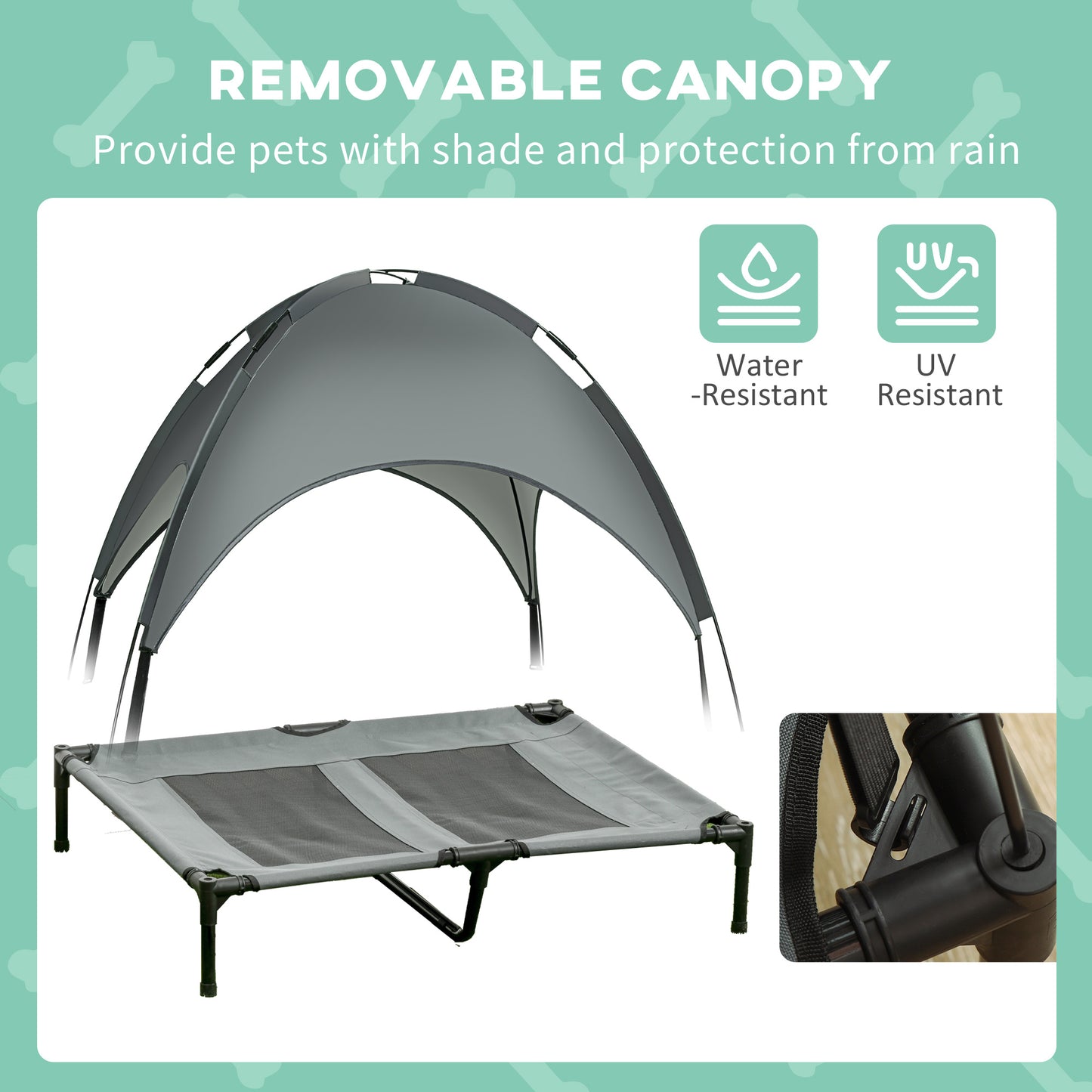 PawHut Outdoor Dog Bed with Removable Canopy, Portable Raised Dog Bed for Camping, Garden & Beach, Water-Resistant UV-Protection Mesh Pet Cot Sun Lounger, for Large Pets, 92 x 76 x 90 cm, Grey