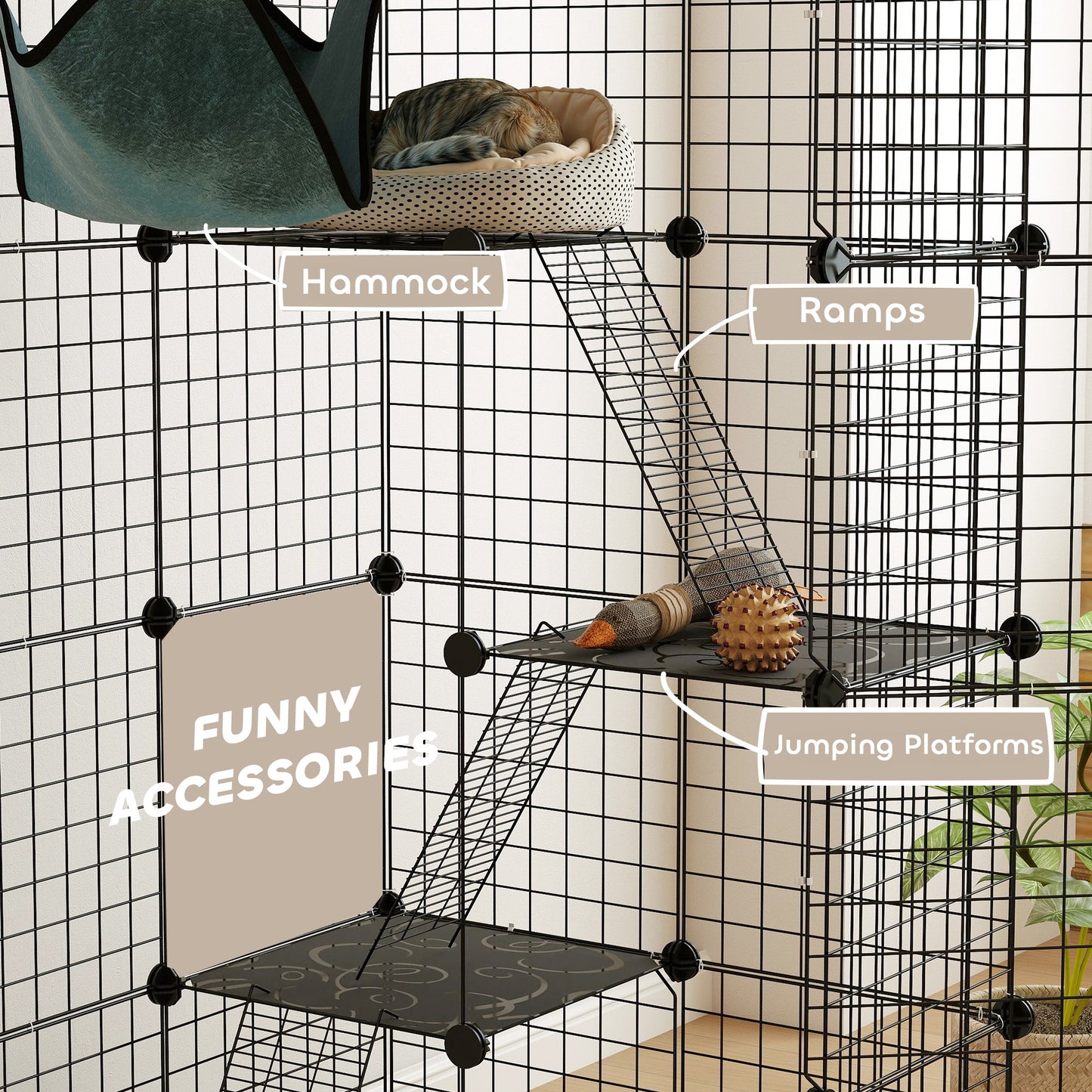 PawHut Four-Tier DIY Large Cat Cage with Hammock, Ramps, Five Doors, Indoor Use for 1-3 Cats, Black