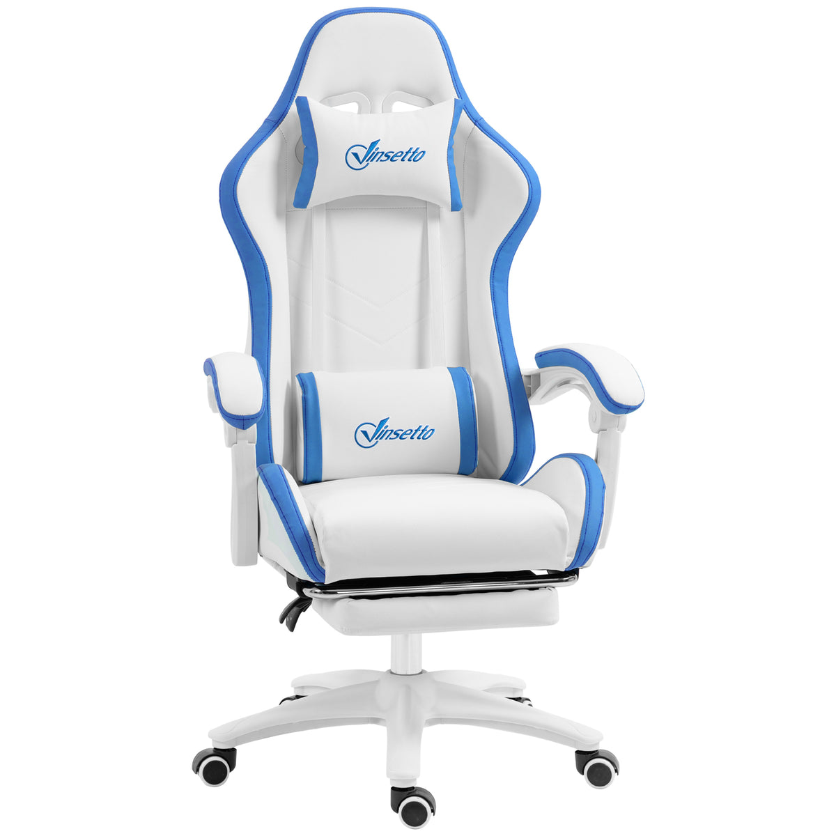 Photo of Vinsetto Gaming Chair, Computer Gamer Chair with Reclining High Back, Headrest, Lumbar Support, Footrest, Swivel Wheels, PU Leather, Adjustable Height for Home, White and Blue in Blue colour on a white background