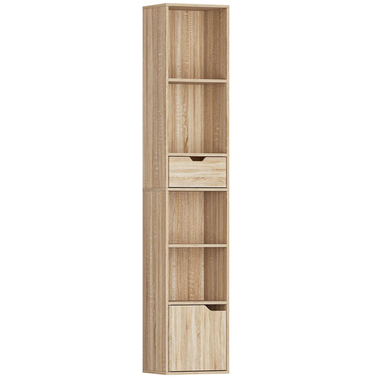 Photo of HOMCOM 6-Tier Bookcase, Tall Narrow Bookshelf with Drawer and Door - Natural Wood Finish in Finish colour on a white background