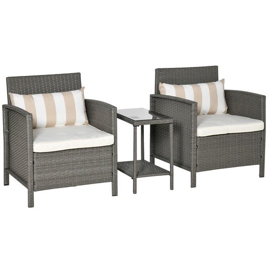 Photo of Outsunny 3 Pieces Rattan Bistro Set, Wicker Garden Furniture Set, Glass Top 2-tier Coffee Table and Chairs Set with Pillows and Washable Cushions for Outdoor, Patio, Balcony, Light Grey in Grey colour on a white background
