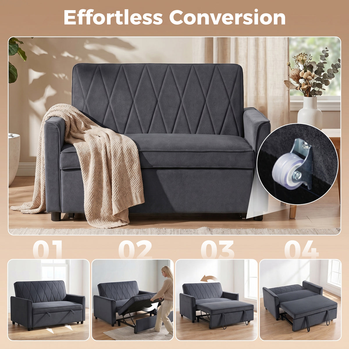 HOMCOM 2 Seater Sofa Bed, 3-in-1 Convertible Pull Out Sleeper Sofa with Click-Clack Adjustable Backrest, Dark Grey