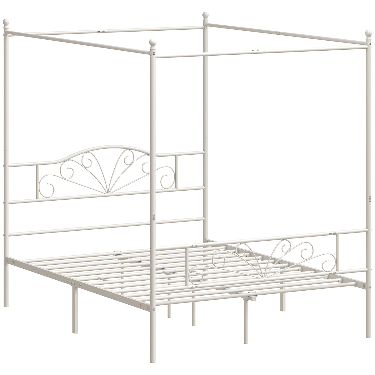 Photo of HOMCOM Canopy Bed Frame Double Size, Metal Platform Bed Frame with Headboard and Footboard, Underbed Storage, White in White colour on a white background
