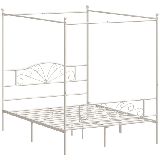 Photo of HOMCOM Canopy Bed Frame Double Size, Metal Platform Bed Frame with Headboard and Footboard, Underbed Storage, White in White colour on a white background