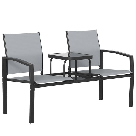 Photo of Outsunny Garden Love Seat, 2 Seater Jack and Jill Loveseat Companion Seat with 2-Tier Glass Table, Breathable Texteline, Grey in Grey colour on a white background