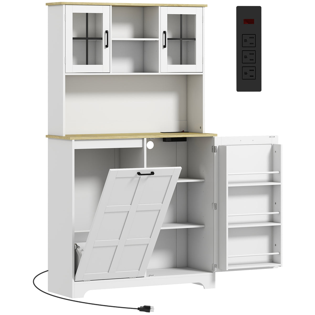 Photo of HOMCOM 175cm Tall Kitchen Cabinet, Kitchen Cupboard with Rubbish Bin Cabinet, 3 Door Shelves and 2 Acrylic Doors, White in White colour on a white background