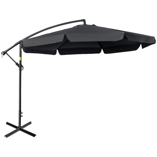 Photo of Outsunny 2.7m Garden Banana Parasol Cantilever Umbrella with Crank Handle and Cross Base for Outdoor, Hanging Sun Shade, Black in Black colour on a white background