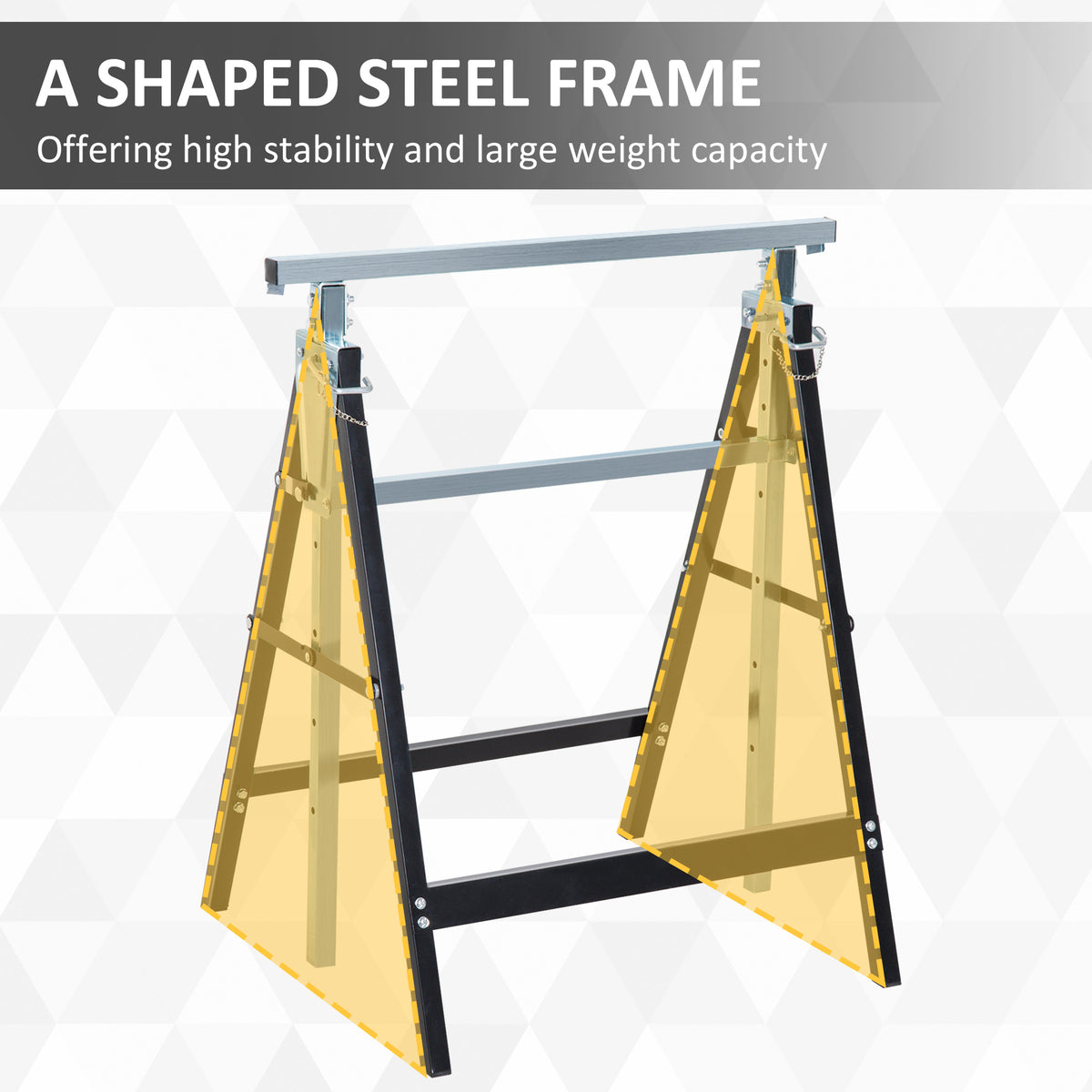 Steel trestle with A-shaped frame and black crossbars