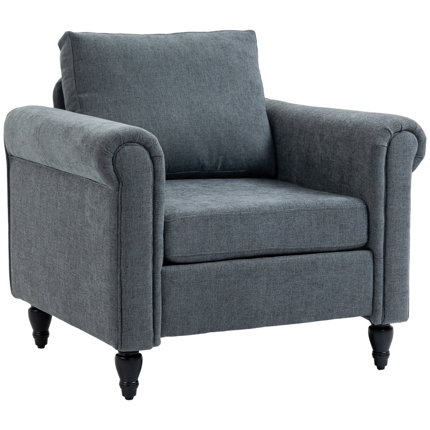 Photo of HOMCOM Vintage Accent Chair, Upholstered Occasional Chair with Back Pillow, Rolled Arms,  Rubber Wood Legs, Grey in Grey colour on a white background