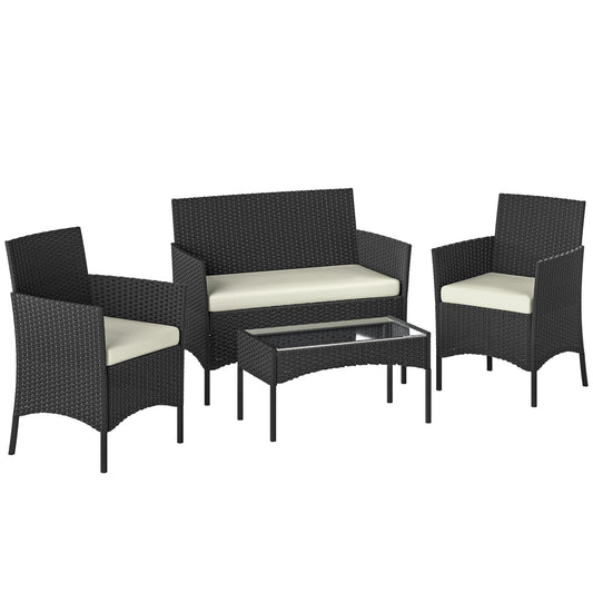 Photo of Outsunny 4 Piece Rattan Garden Furniture Sofa Set with Loveseat, Armchairs, Glass-Top Coffee Table and Cushions, Cream White in White colour on a white background