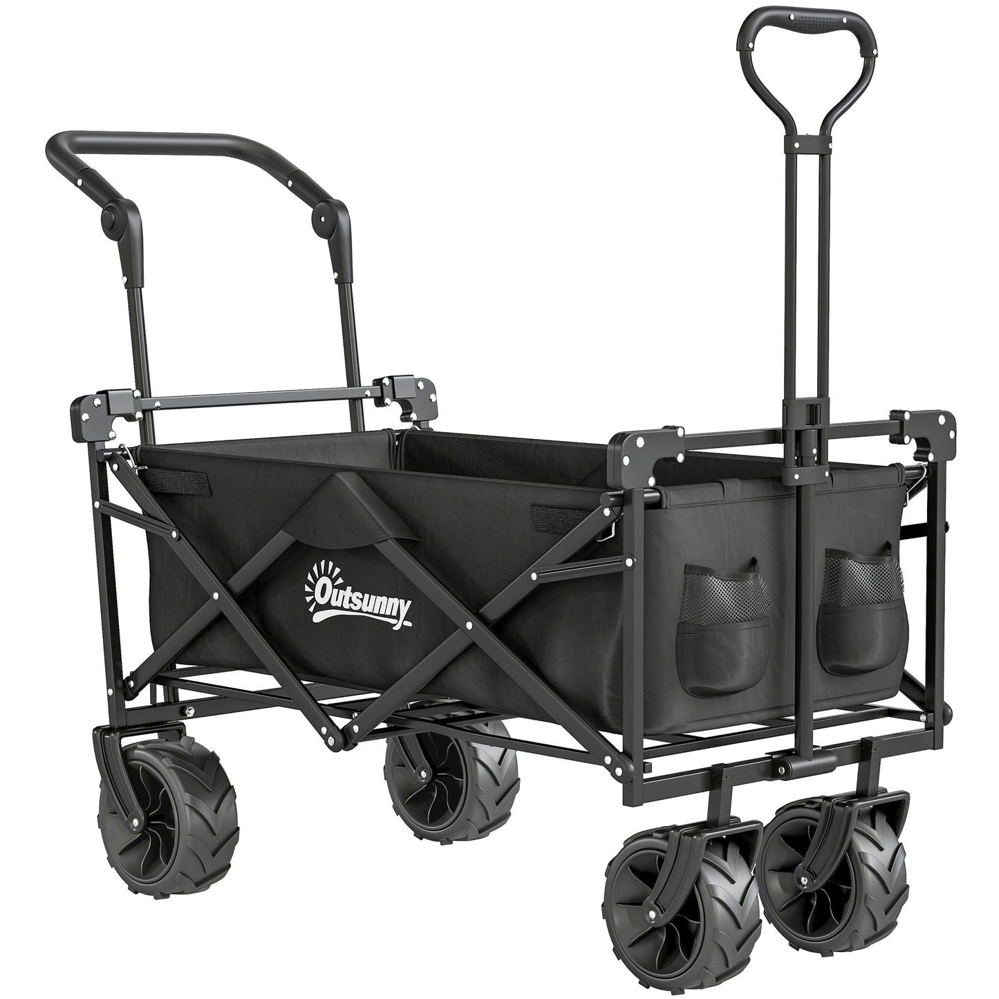Photo of Outsunny 180L Festival Trolley on Wheels, Push & Pull Beach Cart with Removable Canopy, Wide All-Terrain Wheels, Folding Camping Trolley Cart, Adjustable Handle for Garden Fishing Shopping, Black in Black colour on a white background