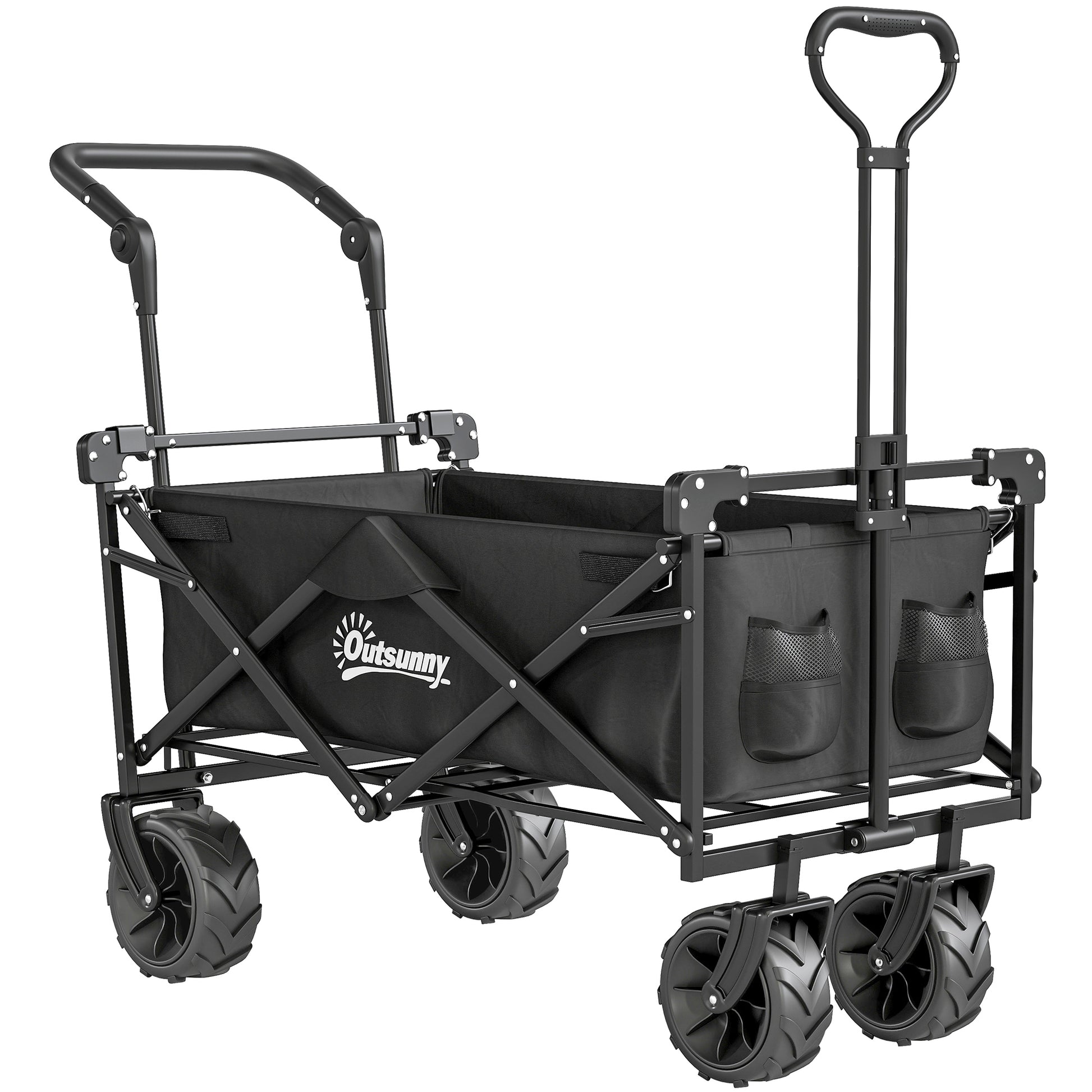 Photo of Outsunny 180L Festival Trolley on Wheels, Push & Pull Beach Cart with Removable Canopy, Wide All-Terrain Wheels, Folding Camping Trolley Cart, Adjustable Handle for Garden Fishing Shopping, Black in Black colour on a white background
